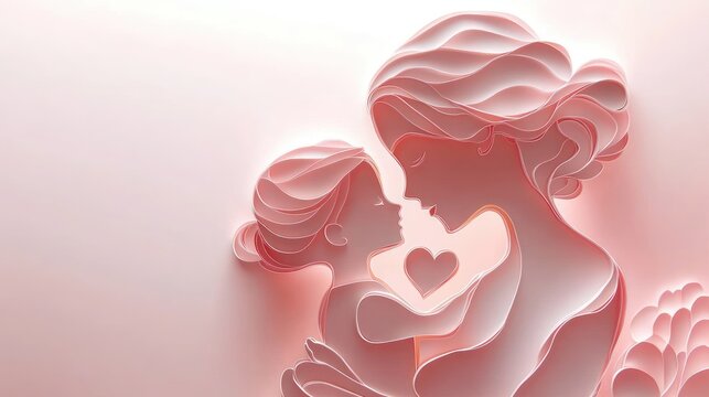 layered paper-cut silhouettes of a mother and child embracing with a heart between them in soft pink tones, conveying tender nurturing love and gentle affection