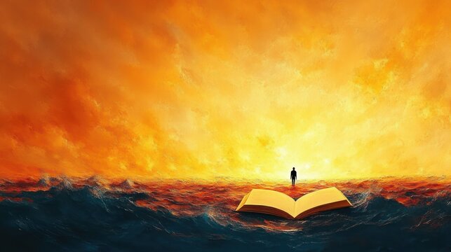 Solitary figure standing on an open book floating on a turbulent sea beneath a radiant golden sky, evoking wonder, hope and introspection