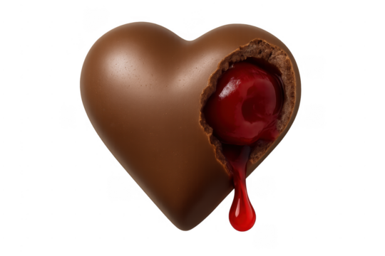 Chocolate heart bleeding cherry filling on transparent background - Powered by Adobe