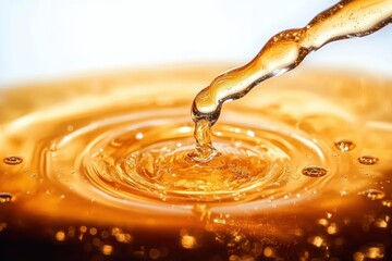 golden viscous liquid droplet falling into rippling surface with glossy bubbles and warm glowing highlights, creating a soothing indulgent mood