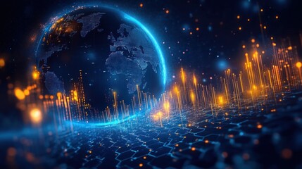 glowing digital globe with illuminated continents above a hexagonal grid, surrounded by rising orange data spikes and floating lights conveying a futuristic connected energy