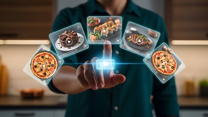 Man interacting with a holographic food video menu using augmented reality technology