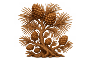 Wood carving depicting a pine branch with several pinecones and needles, showcasing detail and natural texture. Transparent background