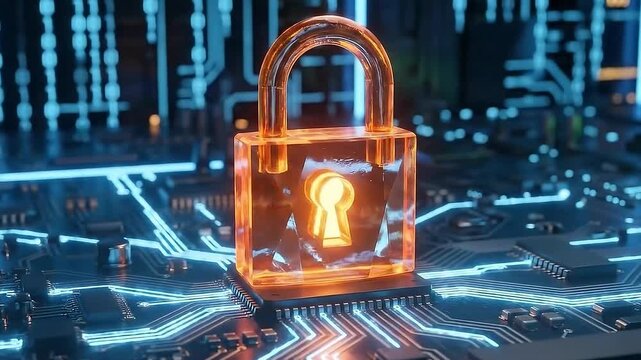 Digital Cybersecurity Padlock on Circuit Board with Binary Data