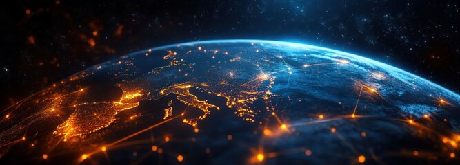 Nighttime view of Earth with glowing city lights and interconnected orange data nodes above a blue atmosphere, conveying futuristic connectivity and awe