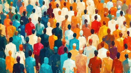 Vibrant painted crowd of anonymous figures viewed from behind, colorful textured brushstrokes conveying movement, diversity and communal energy