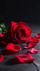 Red rose in bloom with scattered petals background
