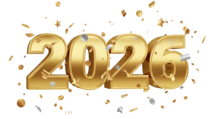 Happy New Year 2026 Golden Balloon Numbers with Flying Gold Silver Confetti Celebration on White Background JPG (108 characters)