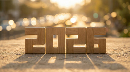 Sunlit Wooden 2026 Blocks with Urban Background