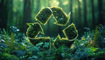 moss-covered recycling symbol made of living plants and ferns in a sunlit forest clearing, evoking hope, renewal and peaceful connection with nature