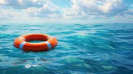 orange lifebuoy ring floating on turquoise ocean waves under a bright cloudy sky, sunlight reflections conveying calm, solitude, safety and hopeful serenity