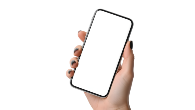 Hand holding smartphone isolated on transparent background - Powered by Adobe