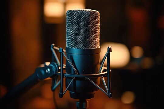 close-up of a large professional studio microphone in a shock mount on a boom arm with warm bokeh lights, conveying an intimate focused and professional mood - Powered by Adobe