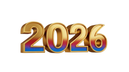 Happy New Year 2026 3D Golden Numbers with Rainbow Gradient Shiny Metallic Effect on White Background JPG