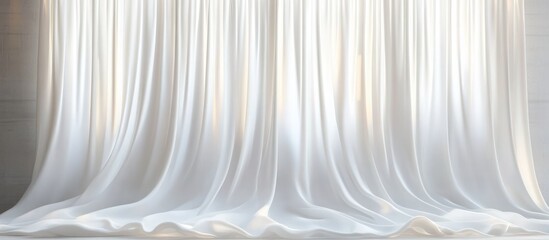 Large soft white draped curtains pooling on the floor with gentle backlighting, graceful folds and a serene elegant atmosphere