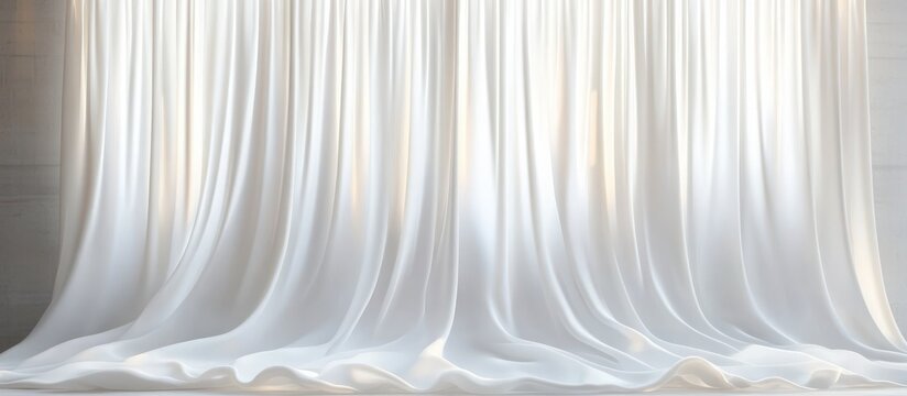 Large soft white draped curtains pooling on the floor with gentle backlighting, graceful folds and a serene elegant atmosphere