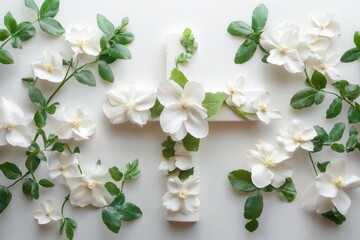 white cross decorated with delicate white blossoms and green leaves on a clean white background evoking a peaceful, serene and reverent mood