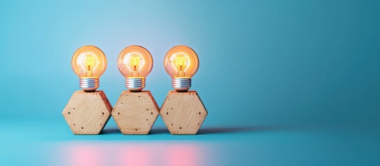 Three glowing light bulbs perched on wooden hexagon blocks against a calm blue background, evoking inspiration and creative energy