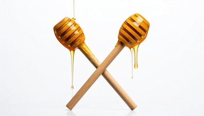 Two Wooden Honey Dippers With Golden Liquid Dripping On White Background