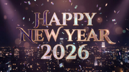 Happy New Year 2026 Celebration Over a City Skyline at Night