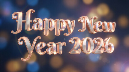 Elegant Rose Gold "Happy New Year 2026" Text with Festive Light Bokeh Background