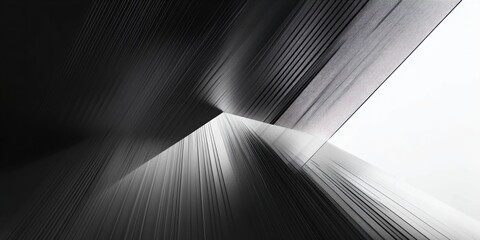 Monochrome upward perspective of angular skyscraper facades with converging vertical lines and dramatic light, evoking awe and tension