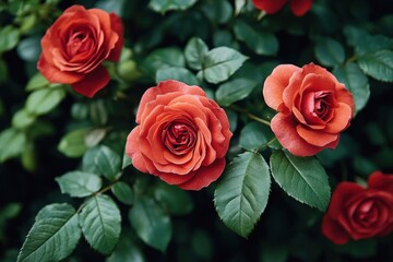 Three vibrant red-orange roses in full bloom with glossy green leaves close-up conveying a romantic and serene mood