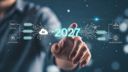Innovator touches 2027, symbolizing future AI, data pipelines, and cloud computing advancement. Digital transformation with machine intelligence and SaaS integration.