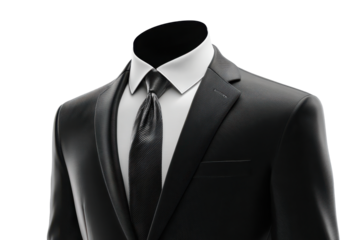A man's suit jacket and tie are shown in black and white