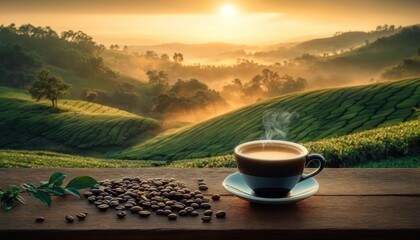 Steaming cup of coffee on a saucer with scattered coffee beans and leaves on a wooden table overlooking misty terraced green hills at sunrise, calm serene morning