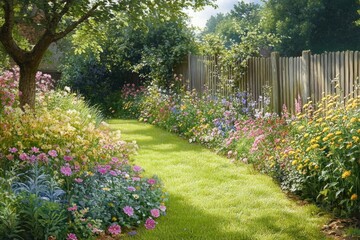 sunlit garden path bordered by colorful wildflower beds and a wooden fence under a shady tree, peaceful and idyllic summer scene