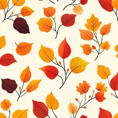 seamless pattern of autumn leaves and slender branches in warm orange, red and golden tones evoking a cozy cheerful fall mood