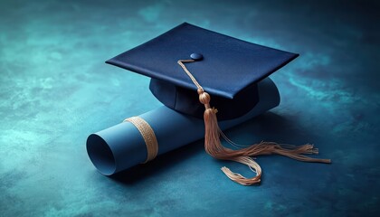 navy graduation cap with gold tassel resting on a rolled blue diploma tied with gold ribbon on a textured teal surface, conveying pride and academic achievement
