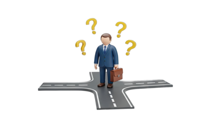 Businessman at Crossroads with Question Marks: Decision Making Concept