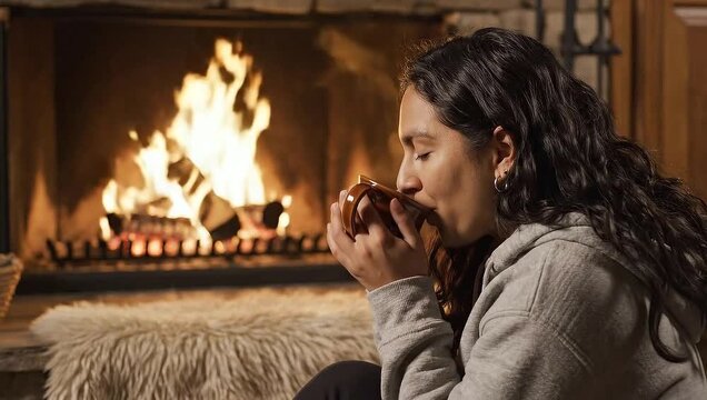 Cozy Fireplace Relaxation - Woman Enjoying Warmth and Hot Drink.
