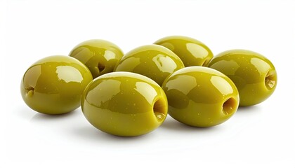 A Group Of Fresh Green Pitted Olives On A Solid White Background