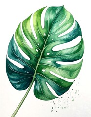 Vibrant green monstera leaf, watercolor style