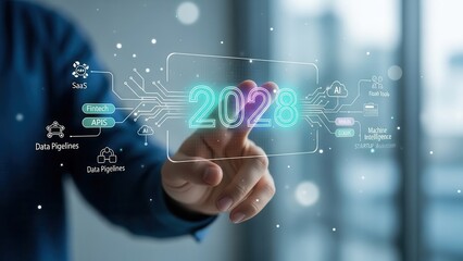 Futuristic technology concept, hand interacting with a digital interface showing year 2028 and icons for AI, SaaS, Fintech, APIs, and data pipelines.