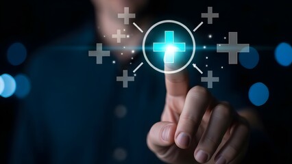 Businessman interacting with a digital interface while selecting a glowing plus sign for growth