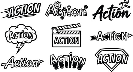 Fototapeta premium Collection of hand drawn action words and symbols for graphic design