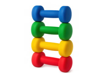 Stacked colorful dumbbells representing fitness, health, and exercise on a transparent background for workout concepts