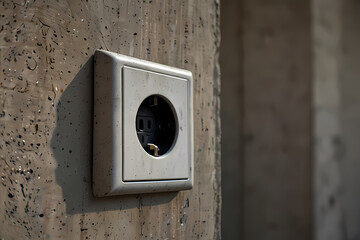 Public electrical outlet mounted on a concrete wall, clean empty background, sharp focus, natural lighting