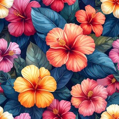 Vibrant hibiscus flowers and leaves in a seamless pattern