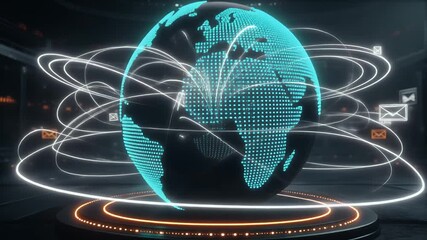 Glowing blue and gold digital globe on futuristic stage with envelopes - Powered by Adobe