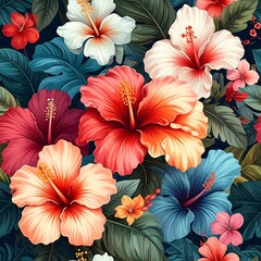 Vibrant hibiscus flowers and leaves, seamless pattern