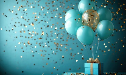 teal balloons tied to a gift box with gold ribbon and falling gold confetti, joyful festive celebration scene