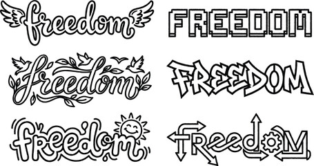 freedom typography designs with various artistic styles and symbols