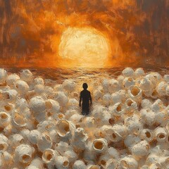 solitary silhouette wading through a sea of hollow white spheres toward a giant glowing sun at sunset, an eerie and contemplative scene of awe and isolation