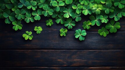 green clover leaves clustered along a dark wooden tabletop, fresh and tranquil atmosphere