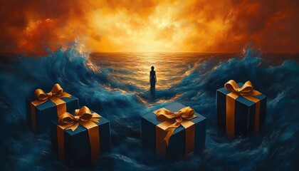 Solitary silhouette walking through a parted ocean toward a glowing golden sunset flanked by four large gift boxes with gold ribbons, evoking wonder and quiet awe